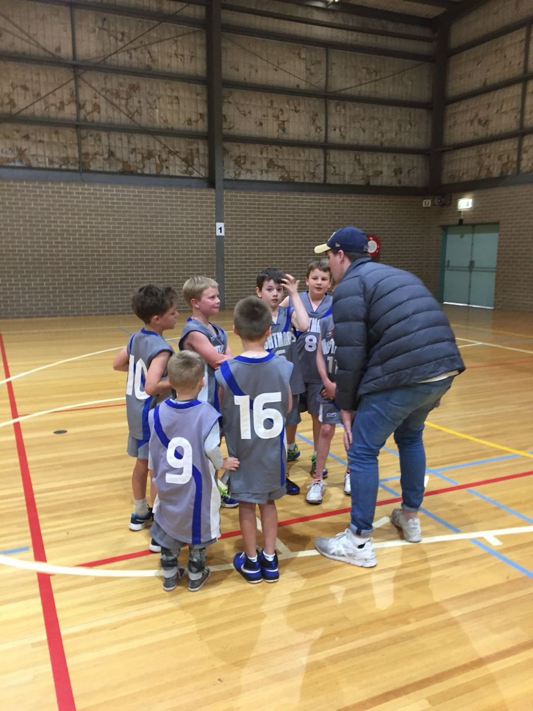 Junior basketball team huddle with coach