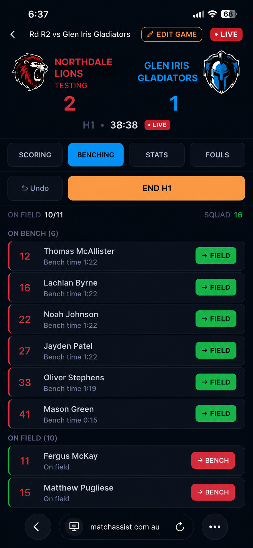 Live scoring screen